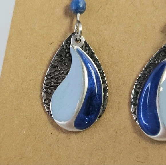 Silver Etched Floral & Metallic Blue Swirl Layered Dangle Earrings - Picture 5 of 10